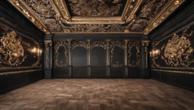 indoors,no humans,scenery,wooden floor,stairs,light,candle,ceiling,candlestand,chandelier,door,tiles,tile floor,pillar,throne