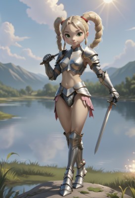 1girl,solo,long hair,breasts,looking at viewer,smile,blonde hair,navel,holding,twintails,closed mouth,green eyes,standing,full body,weapon,braid,small breasts,boots,outdoors,sky,day,midriff,sword,cloud,water,holding weapon,armor,blurry,twin braids,blue sky,black panties,blurry background,holding sword,grass,knife,shoulder armor,gauntlets,pauldrons,breastplate,mountain,fantasy,sun,armored boots,greaves,bikini armor,faulds,river,lake,pond,chainmail,jewelry,earrings,artist name,sunlight,nature,reflection,knight