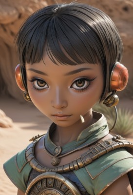 1girl,solo,looking at viewer,short hair,bangs,black hair,brown eyes,jewelry,closed mouth,upper body,artist name,dark skin,necklace,blurry,dark-skinned female,lips,eyelashes,blurry background,headphones,child,portrait,close-up,freckles,realistic,nose,very short hair,desert,brown hair,short sleeves,earrings,armor,headset