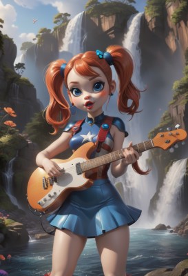 1girl,solo,long hair,breasts,looking at viewer,blush,smile,open mouth,blue eyes,skirt,hair ornament,dress,holding,twintails,jewelry,standing,flower,red hair,pleated skirt,earrings,small breasts,outdoors,sky,sleeveless,day,cloud,water,star (symbol),nail polish,orange hair,lips,blue skirt,makeup,blue dress,bird,blue shirt,lipstick,instrument,freckles,rock,music,guitar,red lips,mushroom,playing instrument,waterfall,cliff,plectrum,bangs,shirt,parted lips,artist name,armor,blue sky,eyelashes,sleeveless shirt,leaf,watermark,hair bobbles,shoulder armor,child,bandaid,nose,bandaid on face,star print,shoulder pads,electric guitar,ladybug