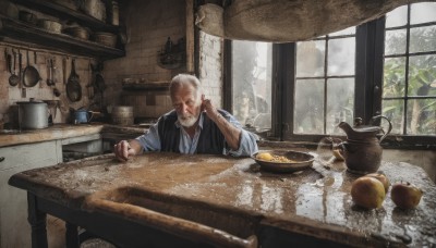 solo,shirt,1boy,white hair,male focus,food,day,indoors,vest,tree,window,facial hair,scar,table,plant,beard,sleeves rolled up,bowl,realistic,basket,bald,old,egg,old man,cooking,kitchen,frying pan,wooden table,short hair,sitting,grey hair,japanese clothes,cup,fruit,bottle,knife,hand on own face,head rest,spoon,mustache,manly,bread,brick wall,ladle,orange (fruit),jar,lemon,spatula,kettle,stove