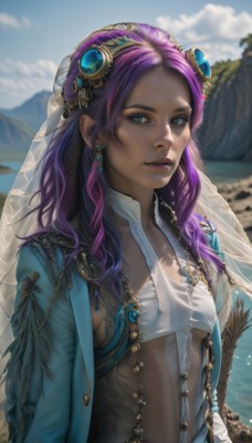 1girl,solo,long hair,breasts,looking at viewer,shirt,hair ornament,long sleeves,navel,jewelry,closed mouth,green eyes,jacket,upper body,purple hair,earrings,small breasts,outdoors,open clothes,sky,day,midriff,cloud,dark skin,blurry,open jacket,dark-skinned female,blue sky,lips,see-through,eyelashes,makeup,depth of field,blurry background,expressionless,feathers,gem,veil,freckles,mountain,realistic,nose,blue coat,blue gemstone,parted lips,artist name,water,headgear,blue jacket,goggles,purple lips