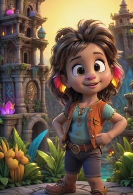 1girl,solo,looking at viewer,smile,short hair,open mouth,brown hair,shirt,brown eyes,jewelry,standing,full body,flower,short sleeves,multicolored hair,outdoors,shoes,shorts,teeth,socks,belt,artist name,dark skin,necklace,vest,dark-skinned female,lips,brown footwear,blue shirt,plant,building,messy hair,child,sunset,hands on hips,female child,male child,open vest,buck teeth,long hair,parted lips,chibi,bird,black shorts,cross,feathers,denim,backlighting