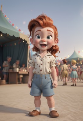 1girl,long hair,looking at viewer,blush,smile,open mouth,blue eyes,multiple girls,brown hair,shirt,dress,standing,full body,white shirt,ponytail,short sleeves,:d,outdoors,multiple boys,shoes,shorts,teeth,solo focus,day,socks,collared shirt,medium hair,black eyes,cup,grey eyes,upper teeth only,brown footwear,table,aged down,denim,white socks,child,clenched hands,freckles,blue shorts,denim shorts,female child,male child,balloon,crowd,string of flags,body freckles,red hair,orange hair,shadow,thick eyebrows,polka dot