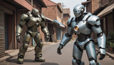 blue eyes,1boy,standing,outdoors,multiple boys,2boys,military,no humans,shadow,crossover,robot,building,mecha,science fiction,city,realistic,road,street,looking ahead,open hands,power armor,humanoid robot,radio antenna,signature,armor,window,plant,house,power lines,utility pole