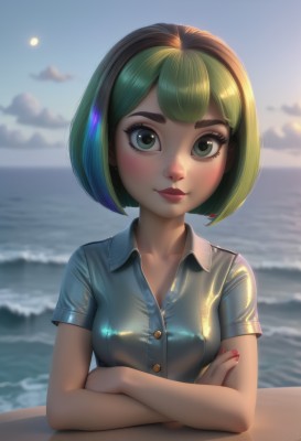 1girl,solo,breasts,looking at viewer,blush,smile,short hair,bangs,shirt,cleavage,medium breasts,closed mouth,green eyes,collarbone,upper body,short sleeves,multicolored hair,outdoors,green hair,sky,day,shiny,collared shirt,artist name,cloud,water,nail polish,blurry,two-tone hair,lips,fingernails,eyelashes,makeup,buttons,depth of field,blurry background,swept bangs,ocean,watermark,beach,crossed arms,moon,bob cut,thick eyebrows,blue shirt,wing collar,lipstick,red nails,full moon,pink nails,lens flare,backlighting,freckles,nose,sun,horizon,red lips,bokeh,mascara,black hair,cloudy sky,web address,waves