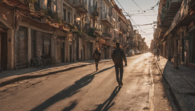 1girl, 1boy, outdoors, sky, bag, shadow, ground vehicle, building, scenery, walking, city, road, power lines, street, bicycle, vanishing point