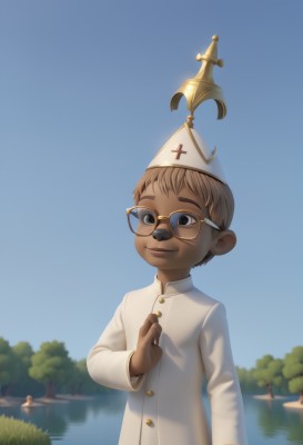 solo,smile,short hair,blonde hair,brown hair,long sleeves,1boy,hat,male focus,outdoors,sky,glasses,day,dark skin,water,black eyes,tree,blue sky,white headwear,dark-skinned male,cross,child,round eyewear,male child,priest,looking at viewer,brown eyes,upper body,facial hair,robe,mustache,fat man