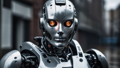 solo,looking at viewer,smile,1boy,upper body,male focus,grin,blurry,orange eyes,depth of field,blurry background,helmet,robot,portrait,mecha,science fiction,realistic,android,joints,straight-on,cyborg,robot joints,cyberpunk,humanoid robot,1girl,parted lips,lips,glowing,glowing eyes,close-up,ringed eyes