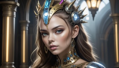 HQ,1girl,solo,long hair,looking at viewer,blue eyes,brown hair,hair ornament,jewelry,closed mouth,green eyes,earrings,parted lips,indoors,armor,mole,blurry,collar,lips,eyelashes,mole under eye,makeup,depth of field,blurry background,headgear,tiara,crown,lipstick,gem,portrait,close-up,eyeshadow,realistic,nose,gold,teeth,wavy hair,pillar