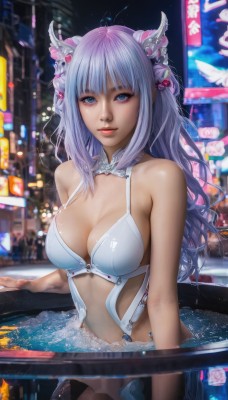 1girl,solo,long hair,breasts,looking at viewer,bangs,blue eyes,large breasts,hair ornament,thighhighs,dress,navel,cleavage,bare shoulders,medium breasts,underwear,purple hair,outdoors,horns,blurry,lips,makeup,night,blurry background,city,realistic,city lights,closed mouth,swimsuit,upper body,grey hair,bikini,artist name,signature,blunt bangs,water,detached collar,watermark,white bikini,building,bikini top only,web address,light purple hair,partially submerged,patreon username,cityscape,neon lights