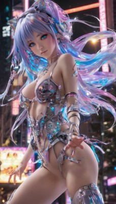 1girl,solo,long hair,breasts,looking at viewer,smile,bangs,blue eyes,animal ears,cleavage,bare shoulders,jewelry,medium breasts,blue hair,multicolored hair,earrings,parted lips,necklace,blurry,two-tone hair,leotard,lips,blurry background,fake animal ears,headgear,revealing clothes,science fiction,city,android,joints,cyborg,robot joints,cyberpunk,mechanical parts,hair ornament,thighhighs,closed mouth,standing,swimsuit,purple hair,bikini,cowboy shot,outdoors,wings,armor,fingernails,gradient hair,night,floating hair,headphones,watermark,armlet,bikini armor