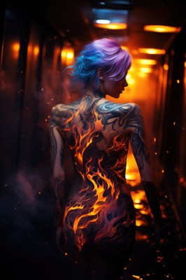 1girl,solo,short hair,jewelry,closed mouth,blue hair,standing,purple hair,ass,nude,multicolored hair,cowboy shot,earrings,indoors,dark skin,from behind,blurry,dark-skinned female,completely nude,tattoo,blurry background,back,fire,smoke,arms at sides,arm tattoo,facial tattoo,embers,neck tattoo,back tattoo,burning,full-body tattoo,stud earrings,neon lights