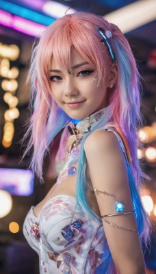 1girl,solo,long hair,breasts,looking at viewer,smile,bangs,hair ornament,dress,cleavage,bare shoulders,jewelry,medium breasts,closed mouth,upper body,pink hair,multicolored hair,earrings,sleeveless,artist name,necklace,blurry,black eyes,from side,two-tone hair,lips,grey eyes,makeup,depth of field,blurry background,gem,armlet,freckles,realistic,nose,blue hair,veil