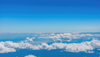 monochrome,outdoors,sky,day,cloud,blue sky,no humans,ocean,moon,cloudy sky,scenery,blue theme,horizon,landscape,above clouds