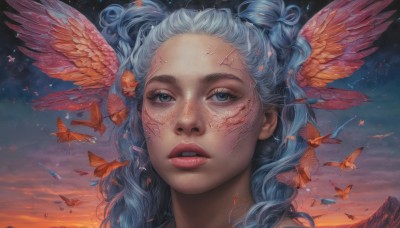 1girl,solo,long hair,looking at viewer,blue eyes,blue hair,outdoors,parted lips,wings,sky,teeth,cloud,lips,eyelashes,makeup,bug,feathers,head wings,butterfly,portrait,star (sky),forehead,freckles,curly hair,sunset,mountain,realistic,nose,red lips,artist name,watermark