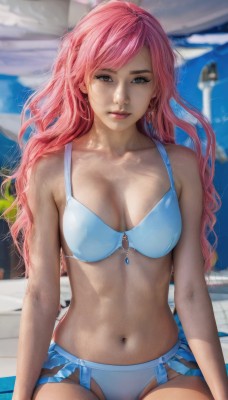 1girl,solo,long hair,breasts,looking at viewer,smile,navel,cleavage,jewelry,medium breasts,sitting,collarbone,swimsuit,pink hair,bikini,earrings,outdoors,solo focus,day,stomach,blurry,lips,grey eyes,blurry background,umbrella,wavy hair,white bikini,blue bikini,realistic,pool,beach umbrella,closed mouth