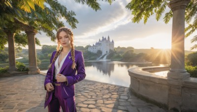 1girl,solo,long hair,breasts,looking at viewer,brown hair,shirt,long sleeves,cleavage,brown eyes,jewelry,closed mouth,standing,collarbone,jacket,white shirt,braid,cowboy shot,earrings,outdoors,open clothes,sky,day,belt,pants,cloud,water,twin braids,open jacket,tree,blue sky,lips,formal,sunlight,cloudy sky,suit,plant,building,scenery,hair over shoulder,reflection,mountain,sun,bush,purple jacket,pillar,river,castle,statue,lake,purple pants,arch,fountain,multiple braids,blue eyes,blonde hair,realistic