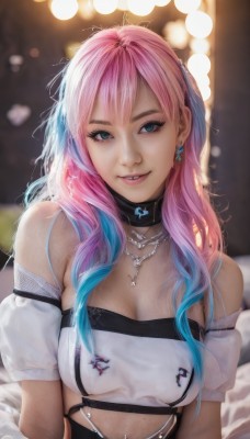 1girl,solo,long hair,breasts,looking at viewer,smile,bangs,blue eyes,cleavage,bare shoulders,jewelry,medium breasts,blue hair,upper body,pink hair,short sleeves,multicolored hair,earrings,parted lips,detached sleeves,choker,midriff,puffy sleeves,artist name,necklace,off shoulder,mole,blurry,two-tone hair,lips,crop top,gradient hair,makeup,blurry background,black choker,piercing,realistic,k/da (league of legends),belt,signature,see-through,eyelashes,strapless,wavy hair,ear piercing,tube top,navel piercing,bokeh,mascara,chain necklace