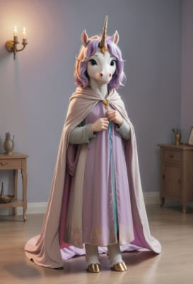 1girl,solo,looking at viewer,smile,long sleeves,dress,holding,animal ears,standing,full body,purple hair,horns,indoors,cape,mask,table,horse ears,staff,cloak,furry,single horn,wooden floor,furry female,candle,unicorn,blue eyes,white dress,desk,candlestand,hooves