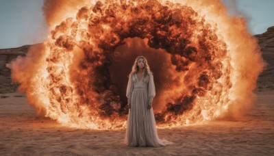 1girl,solo,long hair,breasts,looking at viewer,blonde hair,long sleeves,dress,cleavage,standing,outdoors,white dress,torn clothes,fire,realistic,explosion,burning,sky,smoke,robe,sand,desert