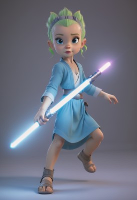 1girl,solo,looking at viewer,short hair,blue eyes,blonde hair,simple background,dress,holding,brown eyes,full body,weapon,hairband,green hair,belt,sword,lips,toes,sandals,aged down,child,robe,female child,energy sword,lightsaber,sheath,realistic