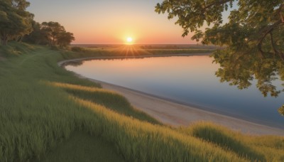 outdoors,sky,day,cloud,water,tree,no humans,sunlight,grass,plant,nature,scenery,reflection,sunset,sun,horizon,river,landscape,lake,blue sky,ocean,forest,gradient sky