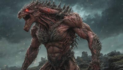 solo,open mouth,red eyes,1boy,outdoors,sky,teeth,cloud,no humans,muscular,glowing,fangs,abs,cloudy sky,sharp teeth,glowing eyes,claws,rain,monster,scales,kaijuu,spikes,alien