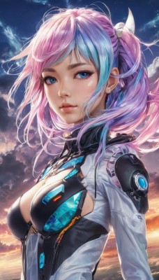 1girl,solo,long hair,breasts,looking at viewer,smile,bangs,blue eyes,ribbon,cleavage,jewelry,medium breasts,closed mouth,blue hair,hair ribbon,upper body,pink hair,multicolored hair,earrings,outdoors,parted lips,sky,shiny,artist name,cloud,water,from side,two-tone hair,lips,streaked hair,looking to the side,eyelashes,bodysuit,makeup,floating hair,swept bangs,ocean,one side up,cloudy sky,star (sky),white ribbon,zipper,science fiction,sunset,pink lips,nose,arms at sides,hair ornament,long sleeves,sidelocks,signature,gradient hair,watermark,wind,starry sky,backlighting,realistic,horizon,sunrise