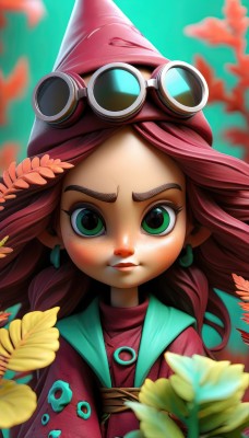 1girl,solo,long hair,looking at viewer,brown hair,shirt,hair ornament,hat,jewelry,closed mouth,green eyes,upper body,flower,red hair,earrings,hair flower,blurry,lips,witch hat,goggles,freckles,goggles on head,yellow flower,female child,jacket,pink hair,artist name,blurry background,leaf,web address,nose,goggles on headwear