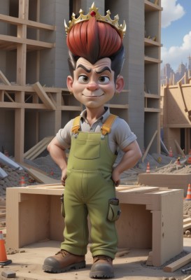 solo,looking at viewer,smile,brown hair,shirt,1boy,brown eyes,jewelry,closed mouth,full body,male focus,red hair,multicolored hair,earrings,outdoors,sky,shoes,day,cloud,two-tone hair,crown,building,box,child,hands on hips,overalls,male child,crate,black hair,standing,artist name,watermark,aged down,web address,realistic