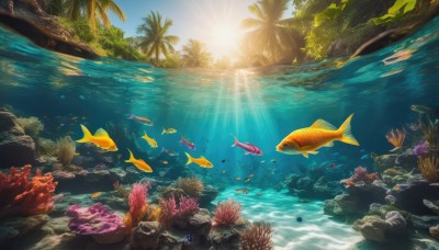 outdoors,sky,day,water,tree,no humans,ocean,animal,beach,sunlight,scenery,fish,light rays,rock,underwater,palm tree,sun,sunbeam,turtle,coral,cloud,nature,bubble,starfish,swimming,partially underwater shot