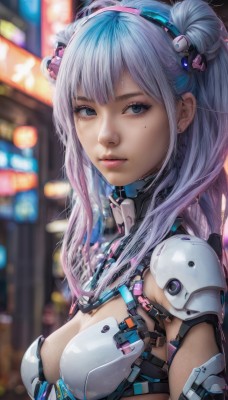 1girl,solo,long hair,breasts,looking at viewer,bangs,blue eyes,hair ornament,cleavage,twintails,jewelry,medium breasts,closed mouth,blue hair,upper body,pink hair,multicolored hair,hairband,earrings,hair bun,armor,mole,blurry,two-tone hair,lips,mole under eye,double bun,blurry background,science fiction,realistic,cyberpunk,grey hair,small breasts,outdoors,artist name,eyelashes,depth of field,shoulder armor,nose,android,cyborg