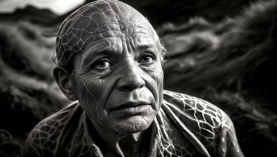 HQ,solo,looking at viewer,1boy,closed mouth,monochrome,greyscale,male focus,blurry,blurry background,portrait,realistic,teeth,cloud,bald,old,wrinkled skin