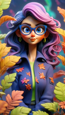 1girl,solo,long hair,looking at viewer,blush,smile,blue eyes,shirt,jewelry,blue hair,jacket,upper body,pink hair,purple hair,multicolored hair,earrings,open clothes,glasses,artist name,dark skin,blurry,two-tone hair,dark-skinned female,lips,makeup,leaf,lipstick,eyeshadow,personification,curly hair,hoop earrings,blue eyeshadow,breasts,medium breasts,flower,blue-framed eyewear