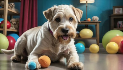 HQ,open mouth,blue eyes,tongue,indoors,tongue out,collar,no humans,animal,curtains,ball,reflection,dog,realistic,lamp,photo (object),animal focus,painting (object),solo,looking at viewer,brown eyes,full body,animal collar,portrait (object)