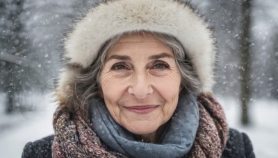 1girl,solo,looking at viewer,smile,hat,closed mouth,grey hair,outdoors,hood,scarf,blurry,black eyes,tree,lips,coat,depth of field,blurry background,portrait,snow,snowing,realistic,winter clothes,red lips,old,winter,straight-on,old woman,grey eyes,fur trim,scar,blue scarf,wrinkled skin