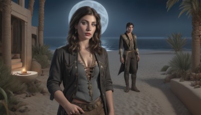 1girl,long hair,breasts,looking at viewer,brown hair,shirt,black hair,1boy,cleavage,brown eyes,jewelry,medium breasts,standing,jacket,earrings,outdoors,open clothes,sky,belt,pants,water,necklace,tree,lips,coat,night,ocean,beach,moon,ring,star (sky),night sky,full moon,realistic,sand,palm tree,candle,leather,boots,parted lips,open jacket,black jacket,makeup,brown footwear,black pants,fire,plant,lipstick,grey shirt,black coat,red lips,brown belt,brown pants,gold chain,candlestand