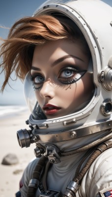 1girl,solo,looking at viewer,short hair,blue eyes,brown hair,upper body,outdoors,parted lips,sky,day,artist name,signature,mole,blurry,lips,eyelashes,mole under eye,makeup,blurry background,scar,helmet,wind,portrait,freckles,realistic,red lips,american flag,spacesuit,desert,japanese flag,space helmet,astronaut,blonde hair,teeth,floating hair,looking away,lipstick,close-up,eyeshadow,rock,nose,emblem,eyeliner,facepaint,looking afar,dirty,mascara,dirty face