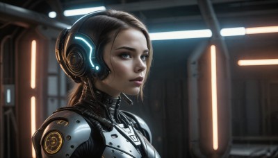 HQ,1girl,solo,short hair,blue eyes,brown hair,upper body,indoors,armor,blurry,lips,bodysuit,makeup,headset,science fiction,realistic,nose,ponytail,from side,glowing,headgear,headphones,portrait,light,cyborg,cyberpunk