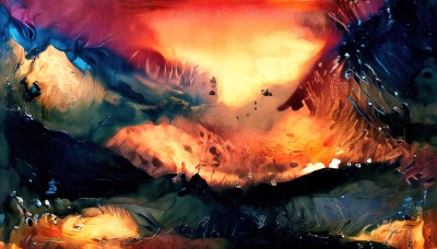 HQ,1girl,solo,blue eyes,black hair,1boy,lying,scenery,destruction,outdoors,sky,cloud,no humans,glowing,fire,flying,monster,rock,mountain,landscape,orange theme,molten rock