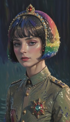 1girl,solo,looking at viewer,short hair,bangs,blue eyes,brown hair,shirt,black hair,jewelry,upper body,multicolored hair,parted lips,teeth,collared shirt,uniform,black eyes,lips,grey eyes,military,military uniform,buttons,bob cut,crown,gem,portrait,realistic,nose,green shirt,red lips,medal,blush,closed mouth,blue hair,jacket,eyelashes,makeup,tiara,gold