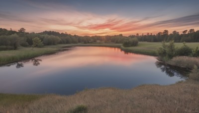 outdoors,sky,cloud,water,tree,no humans,cloudy sky,grass,plant,nature,scenery,forest,reflection,sunset,horizon,river,evening,landscape,lake,dated,bush,orange sky,reflective water