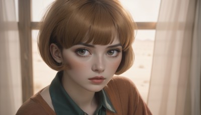 1girl,solo,looking at viewer,short hair,bangs,brown hair,shirt,brown eyes,closed mouth,upper body,collared shirt,indoors,mole,blurry,lips,eyelashes,window,blurry background,curtains,portrait,freckles,realistic,nose,makeup,bob cut,backlighting,red lips