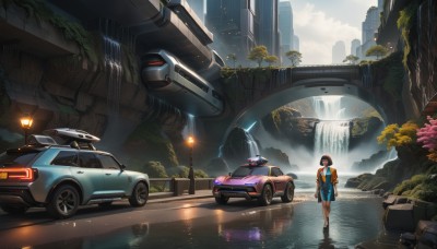 1girl,solo,short hair,skirt,brown hair,black hair,standing,jacket,outdoors,sky,shoes,shorts,day,cloud,water,bag,tree,robot,ground vehicle,building,scenery,motor vehicle,reflection,walking,science fiction,city,car,road,ruins,wide shot,bridge,vehicle focus,lamppost,skyscraper,waterfall,sports car,overgrown,post-apocalypse,shirt,socks,signature,backpack