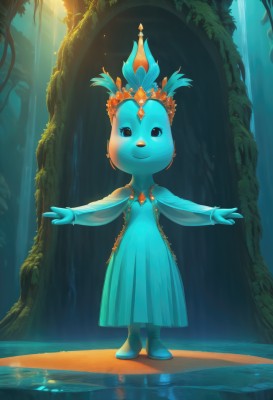 1girl,solo,looking at viewer,smile,dress,standing,full body,boots,water,no humans,blue dress,colored skin,sunlight,outstretched arms,crown,plant,furry,reflection,light rays,blue skin,spread arms,hair ornament,jewelry,tree,feathers,gem,furry female,feather hair ornament,aqua dress