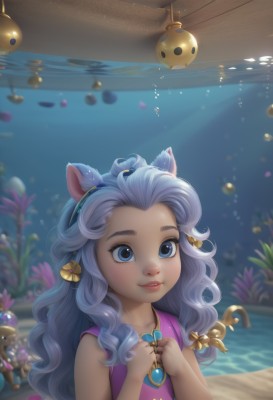 1girl,solo,long hair,smile,blue eyes,hair ornament,dress,animal ears,bare shoulders,jewelry,blue hair,upper body,grey hair,hairband,parted lips,teeth,artist name,water,necklace,blurry,lips,wavy hair,looking up,gem,child,freckles,fish,bubble,underwater,female child,air bubble,coral,sleeveless,cat ears,curly hair,submerged