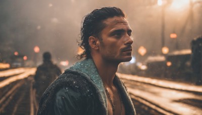 solo,short hair,black hair,1boy,jewelry,jacket,upper body,male focus,outdoors,multiple boys,solo focus,dark skin,necklace,blurry,black eyes,from side,depth of field,blurry background,facial hair,scar,dark-skinned male,beard,scar on face,realistic,stubble,manly,chest hair,closed mouth,lips,night,backlighting,snowing,light,looking afar,bokeh