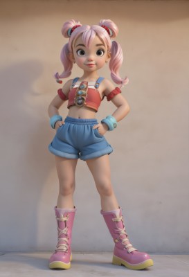 1girl,solo,long hair,looking at viewer,smile,navel,twintails,brown eyes,jewelry,standing,full body,pink hair,earrings,boots,shorts,midriff,dark skin,flat chest,bracelet,dark-skinned female,lips,crop top,armband,blue shorts,hands on hips,pink footwear,bag,vest,backpack,child