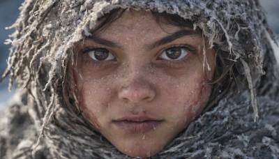 1girl,solo,looking at viewer,short hair,brown hair,brown eyes,closed mouth,outdoors,scarf,blurry,lips,blurry background,portrait,snow,close-up,freckles,snowing,realistic,nose,winter,straight-on,bangs,hood,water,eyelashes,hood up,dirty